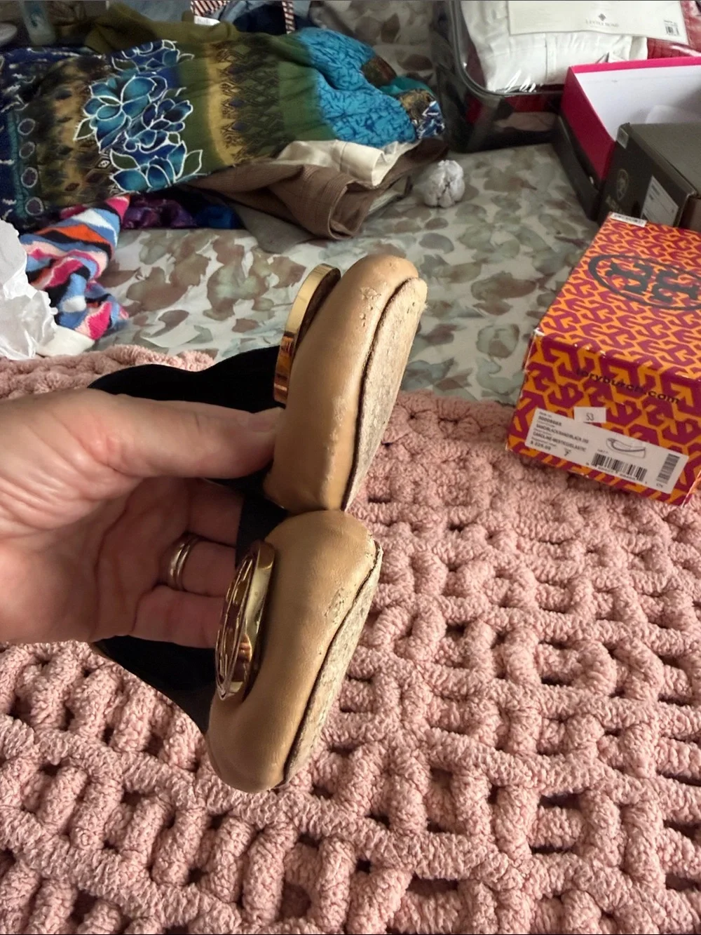Tory Burch Gold Leather Logo Ballet Flats with Black Trim